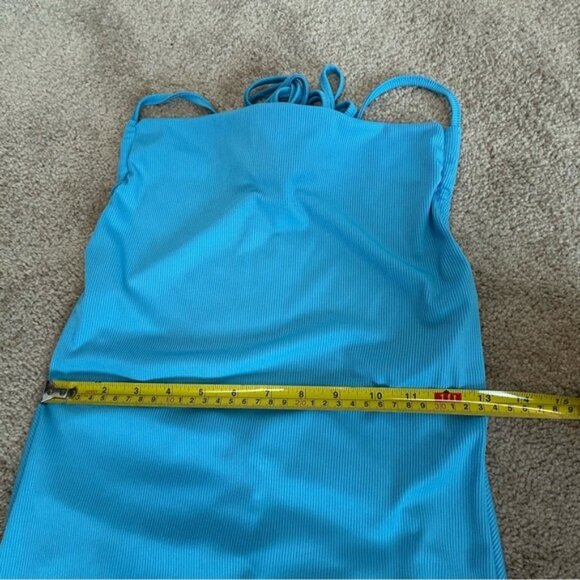 Blue ribbed spaghetti strap draped cowl neck open crisscross back ruched dress M - Picture 10 of 13